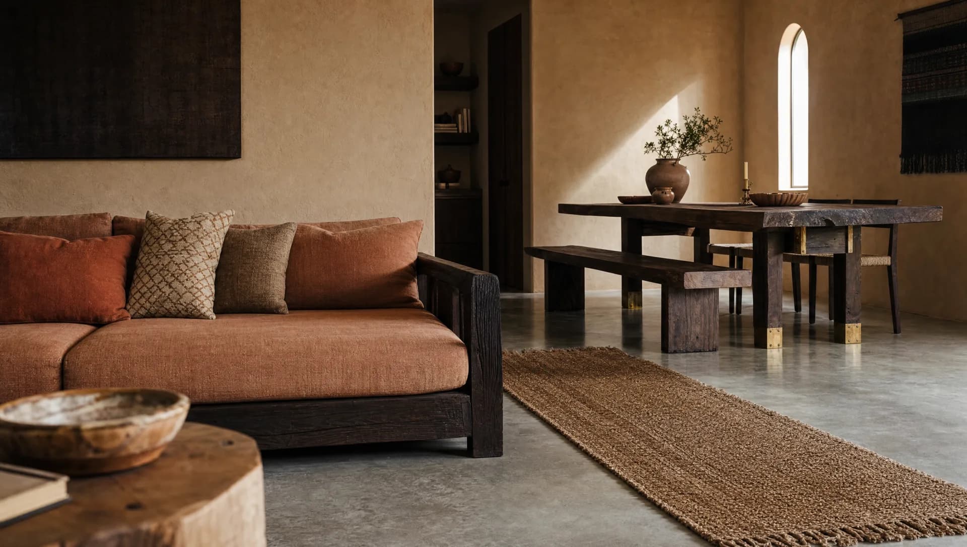 Handcrafted Nepali living room with a terracotta sofa in a warm, sand-toned interior